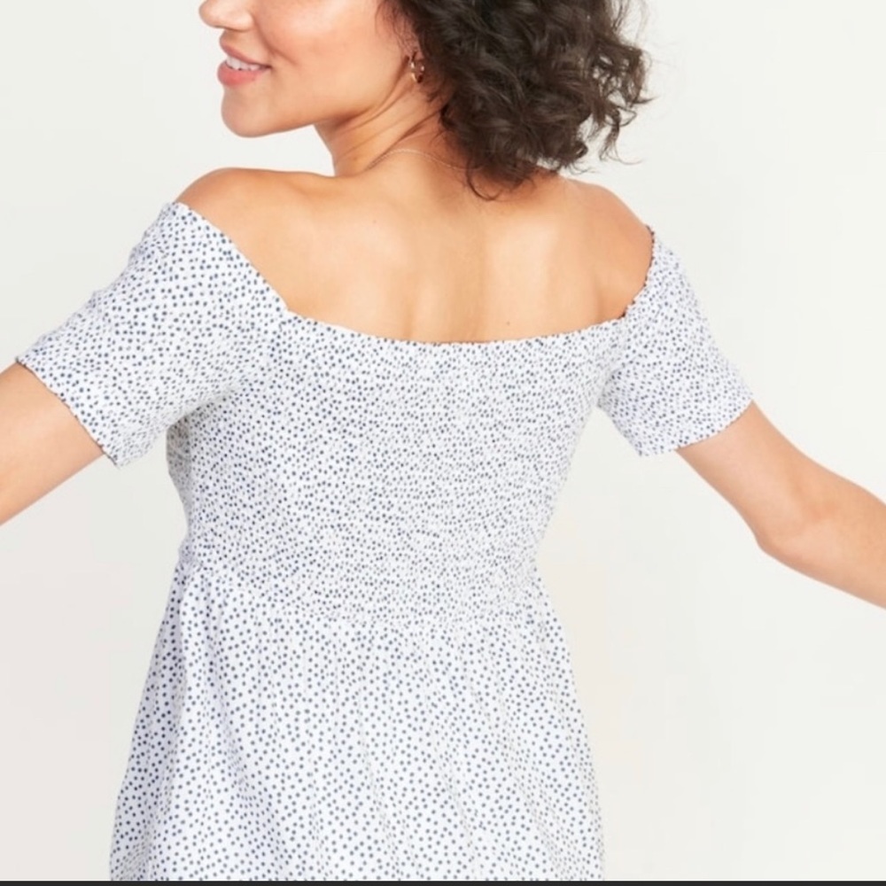 Old Navy White and Blue Dot Print Off Shoulder Top